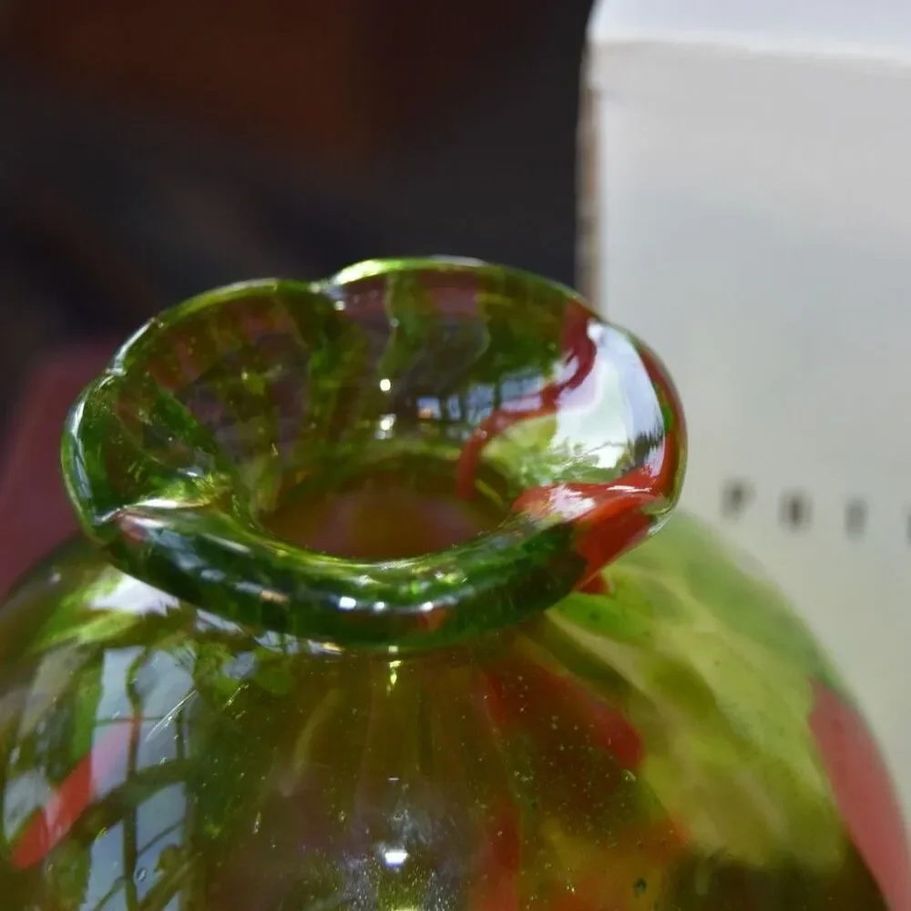 Pottery Barn Hand Blown Art Glass Bud Vase Green Red Polka Dot Ruffled 5”